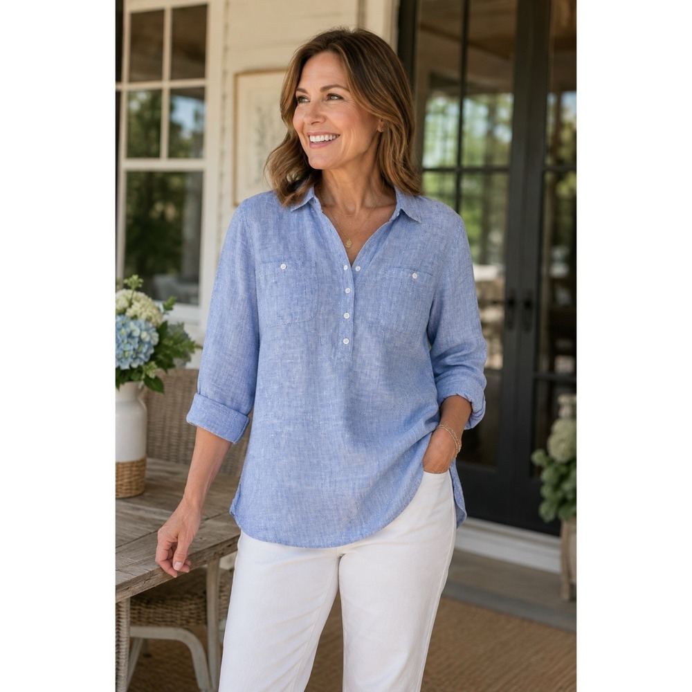 Talbots Size Large 100% Linen Blue Popover Shirt Long Sleeve Collared Button